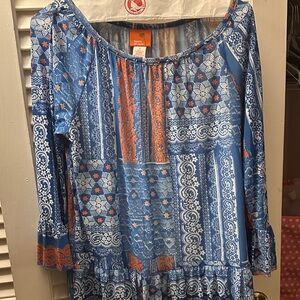Crown & Ivy Blue and Orange Boho Blouse